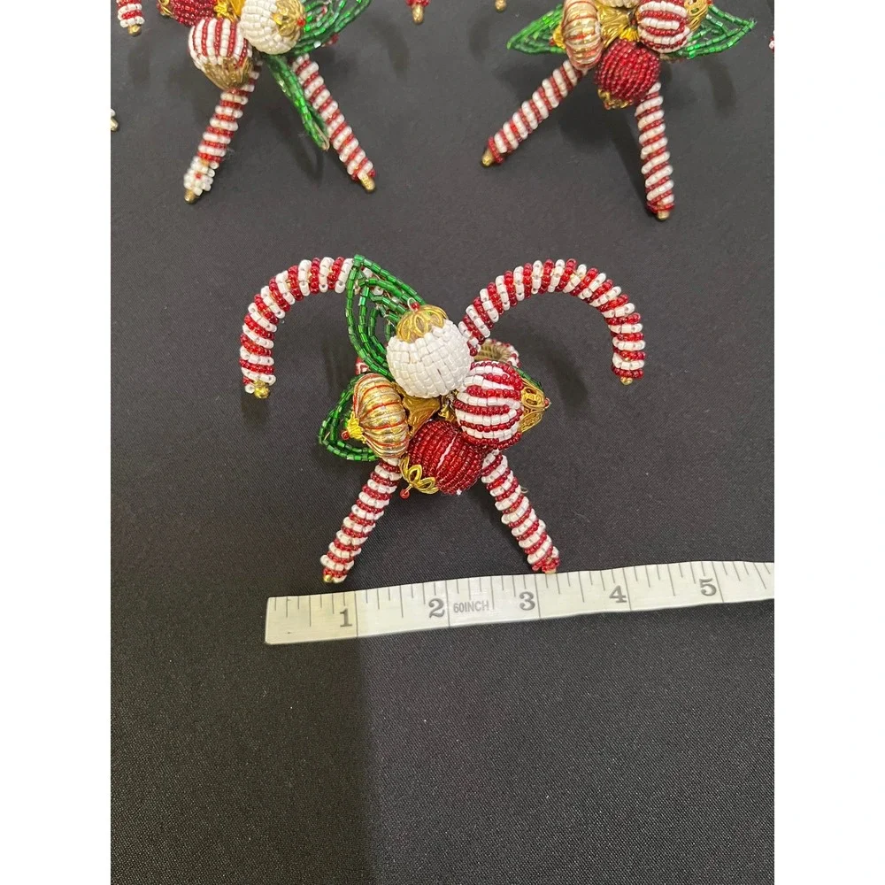 Vintage Christmas Beaded Candy Cane Napkin Rings Set of 6 Red White Green Holly